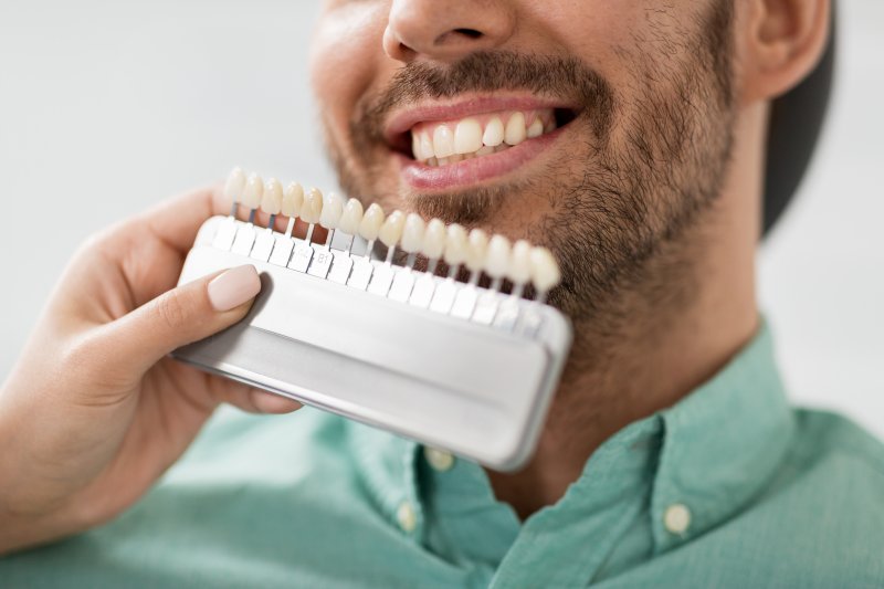 Dentist with tooth color samples choosing shade for patient