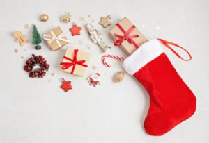 a stocking surrounded by gifts